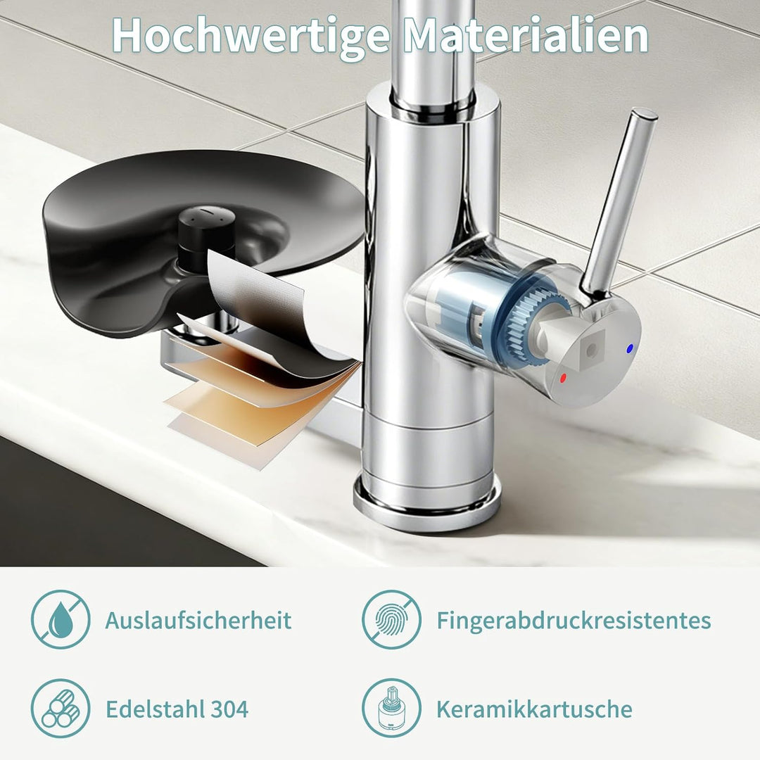 360° drehbarer Wasserhahn Küche ausziehbar mit Brause (Chrom) | wasserfall Mischbatterie Küche mit G
