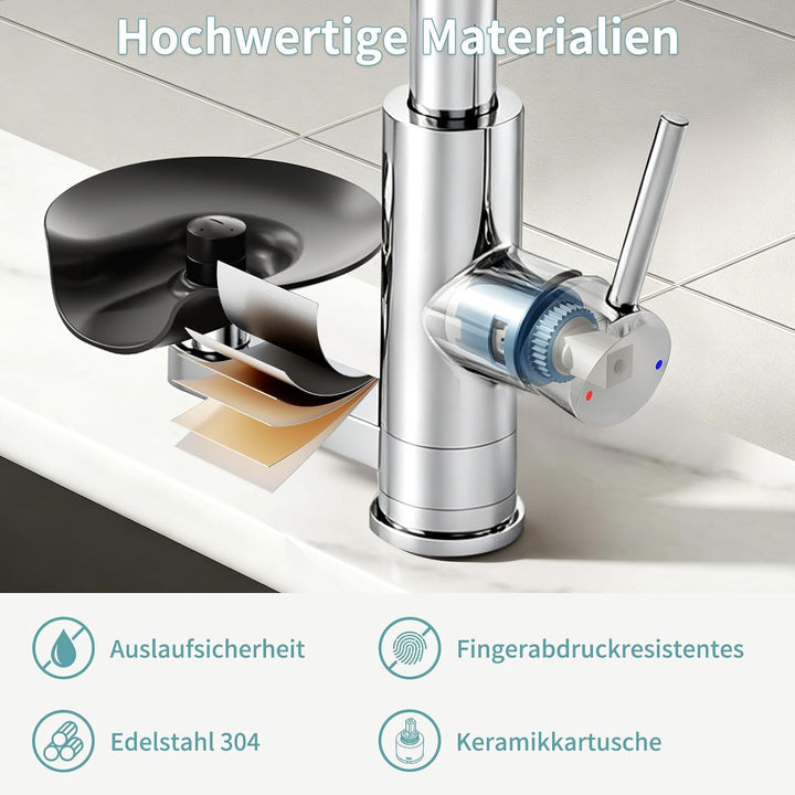 360° drehbarer Wasserhahn Küche ausziehbar mit Brause (Chrom) | wasserfall Mischbatterie Küche mit G