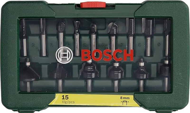 Bosch 15tlg. Hartmetall Fräser Set (für Holz, Ø-Schaft 8 mm, Zubehör Oberfräse) 15 tlg. 8mm-Schaft