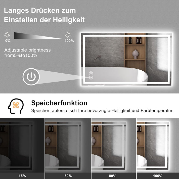 Badezimmerspiegel Wandspiegel LED Badspiegel mit Beleuchtung 120x70cm mit Touch-Schalter Beschlagfre