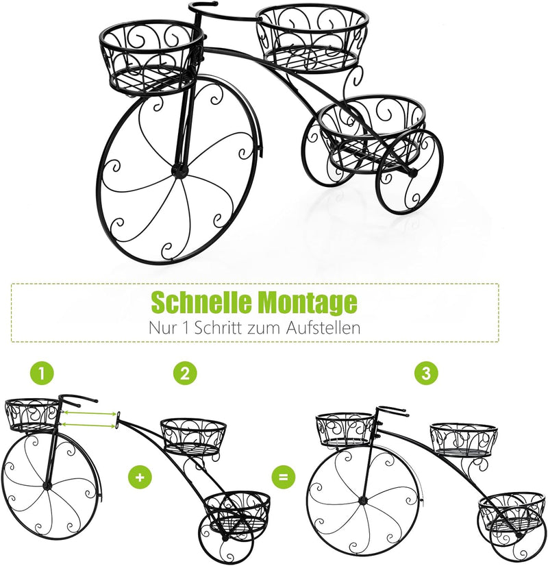 RELAX4LIFE Blumenständer Metall, Pflanzenregal Fahrrad Form, Pflanzenständer mit 3 Körben, Blumenreg