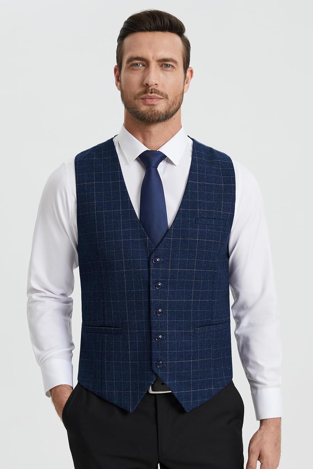 HISDERN Manner Formale Hochzeitsfeier Weste Baumwolle Plaid Kleid Anzug Weste für Herren 1Royal Blue