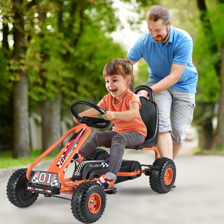 COSTWAY Gokart mit verstellbarem Sitz, Go Kart mit Handbremse, Tretauto bis 30 kg belastbar, Pedal G