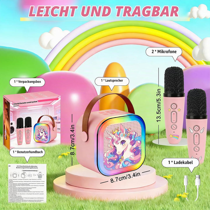 Karaoke Maschine Kinder Mit 2 Mikrofonen, Tragbarer Wiederaufladbar Bluetooth, Bunte LED Lichter, AU