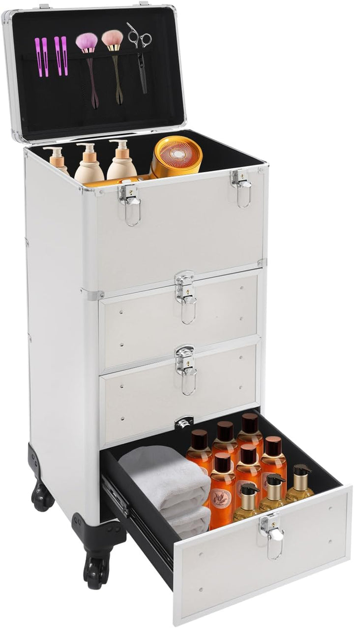 Rollbarer Schminkwagen mit 3 Schubladen Aluminiumlegierung Verstellbarer Griff 4 Räder Kosmetiktroll