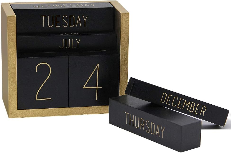 Juegoal Ewiger Holz-Kalender, Holzblock, Tageskalender, Büro, Schreibtischzubehör (schwarz)