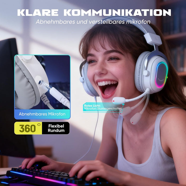 FIFINE Gaming Headset mit Mikrofon, Over Ear Kopfhörer mit Kabel, USB Headset für PC PS4 PS5, RGB He
