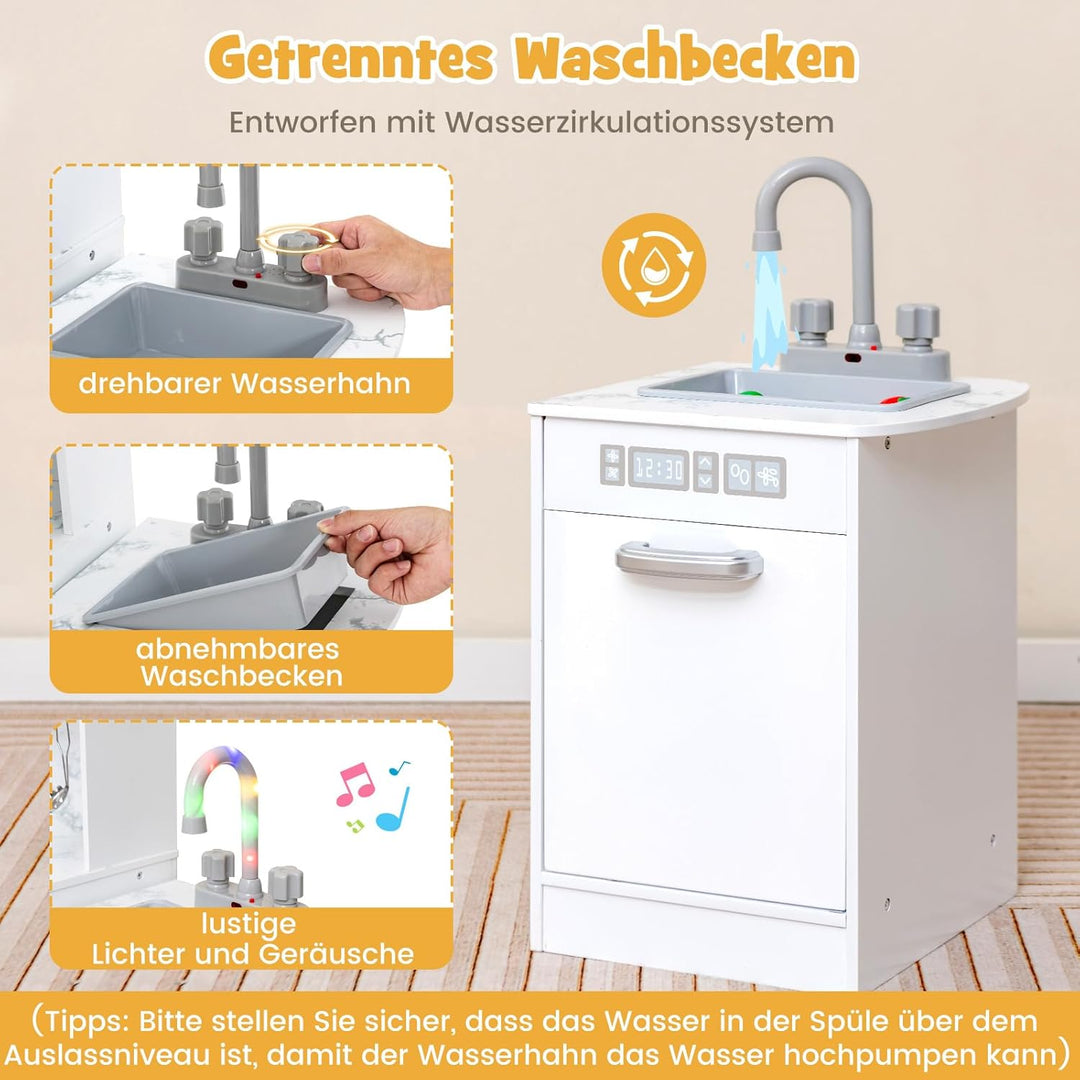COSTWAY Kinderküche Holz, Spielküche Eck mit Licht und Sound, Holzküche mit Tafel &amp; Spüle &amp; Ofen, in