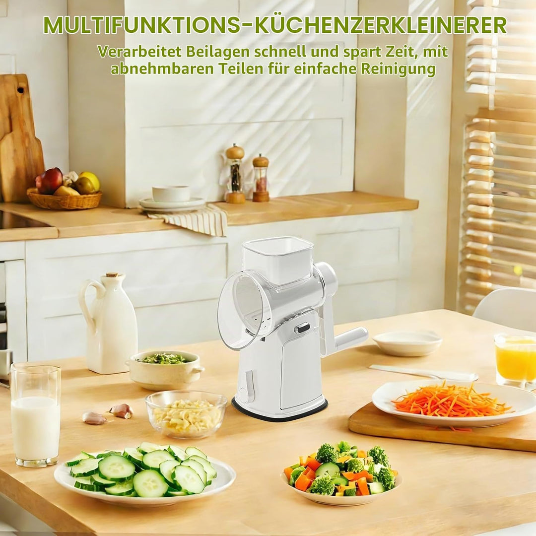Gemüsereibe mit Kurbel, dellyy 5 Klingen Sets, Edelstahl Trommelreibe, Verstecktes Aufbewahrungsfach