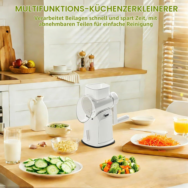 Gemüsereibe mit Kurbel, dellyy 5 Klingen Sets, Edelstahl Trommelreibe, Verstecktes Aufbewahrungsfach