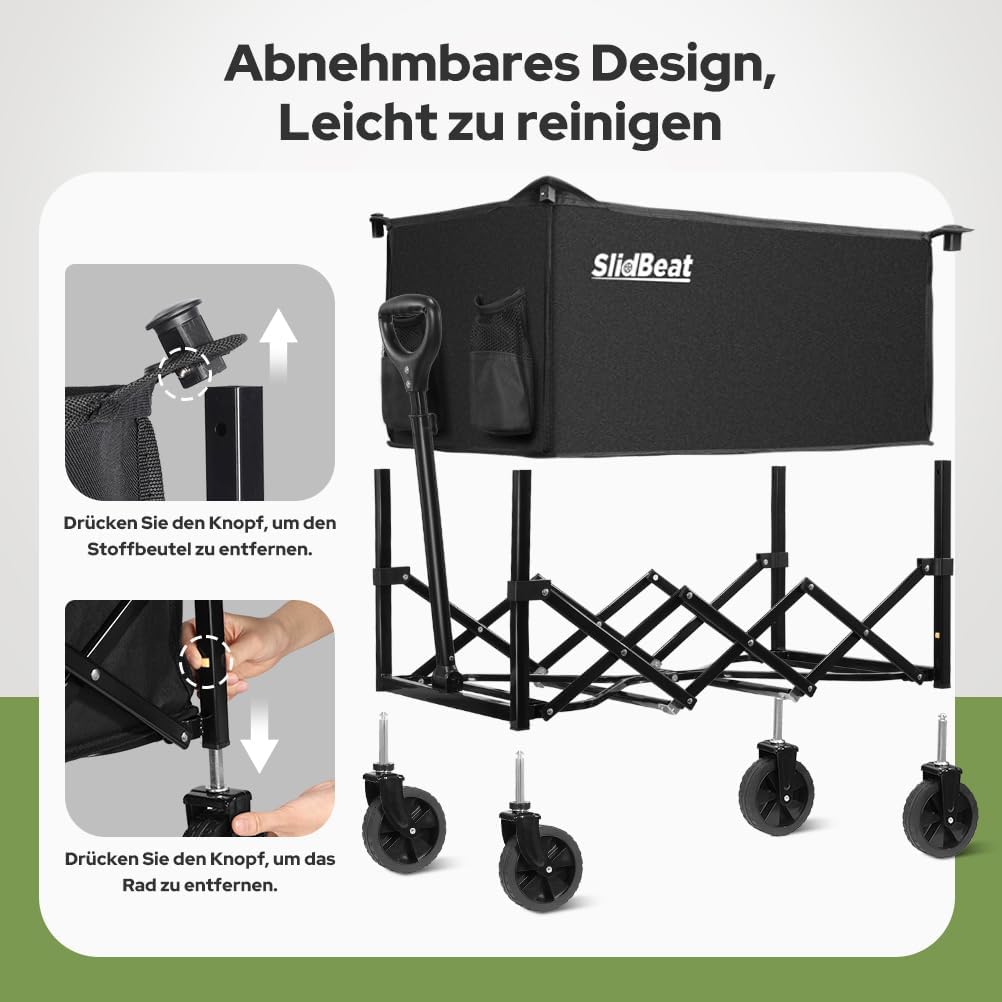 SLIDBEAT Bollerwagen Faltbar 120L 100KG, Abnehmbarer Stoffbeutel Faltbarer Bollerwagen All Terrain R