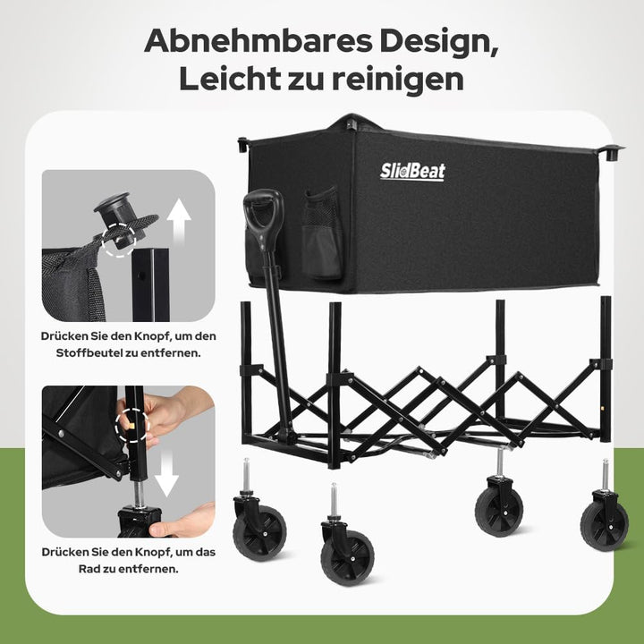 SLIDBEAT Bollerwagen Faltbar 120L 100KG, Abnehmbarer Stoffbeutel Faltbarer Bollerwagen All Terrain R