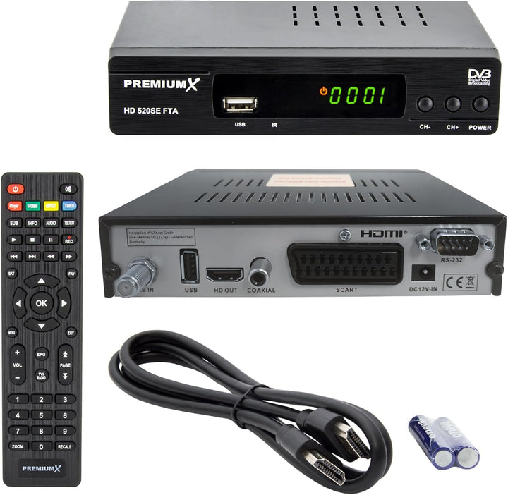 PremiumX Satelliten-Receiver HD 520SE FTA Digital SAT TV Receiver DVB-S2 FullHD HDMI SCART 2X USB Mu