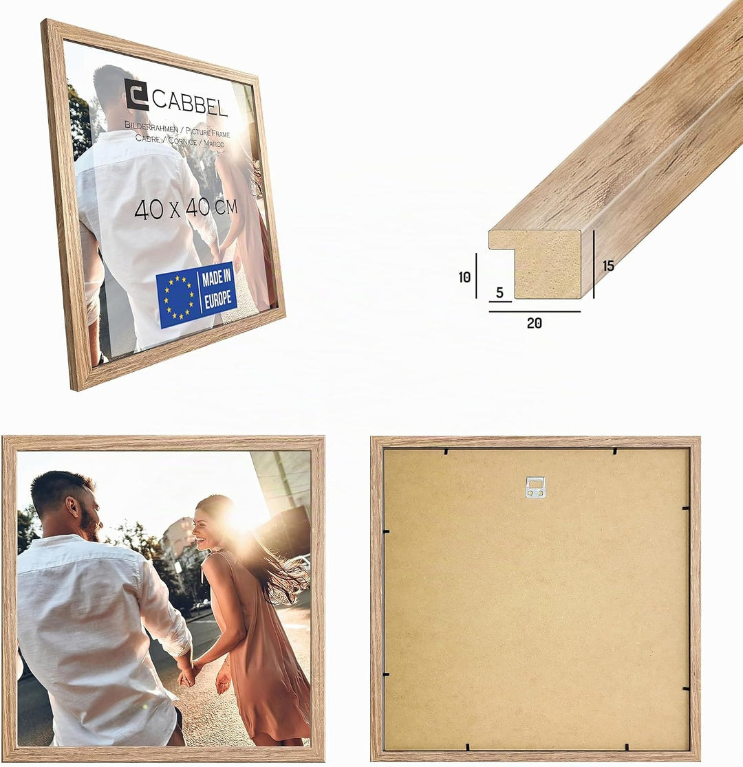 CABBEL Dreierpack (3 STK.) Bilderrahmen 40x40 cm MDF Holz-Rahmen in Eiche | mit bruchsicherem Plexi-