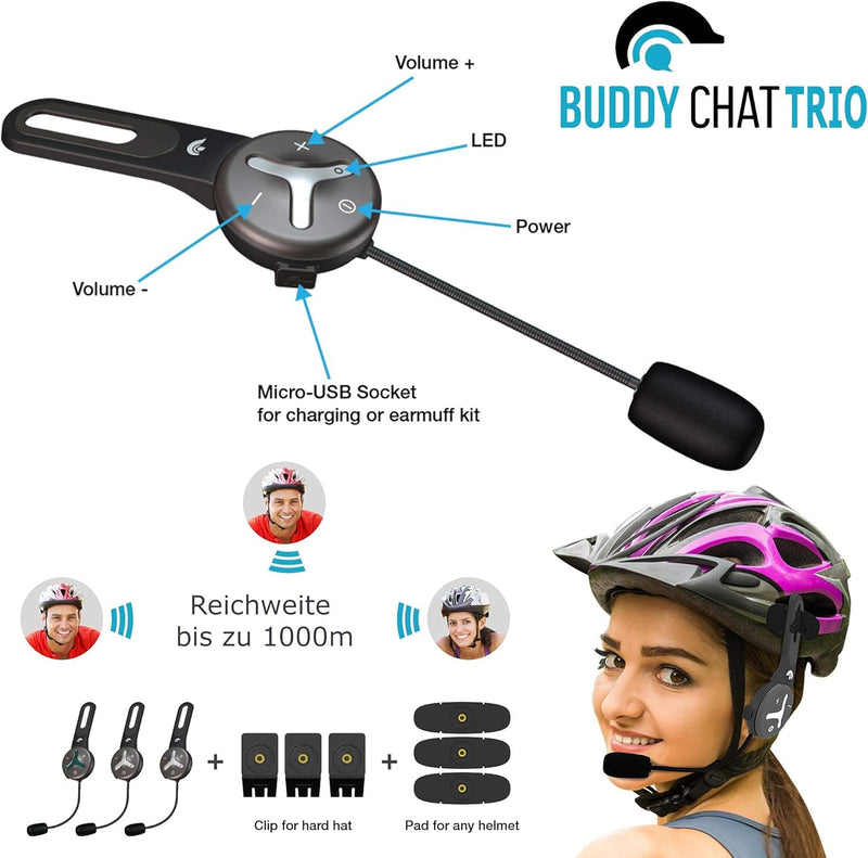 BuddyChat Trio - Gegensprechanlage mit 3X Bluetooth Module mit Reichweite bis 1km - Freisprechanlage