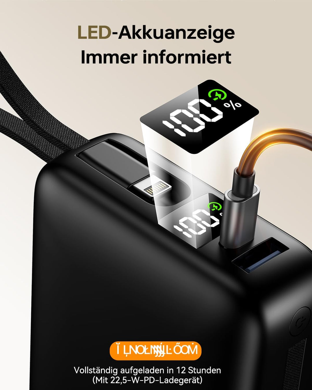 26800mAh Power Bank, PD 22,5W Powerbank mit Integriertem USB C Kabel | Schnellladen Externe Handyakk