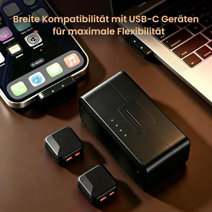 Wireless Lavalier Mikrofon mit Ladecase, 100m Reichweite, KI-Rauschunterdrückung, Clip-On Ansteckmik