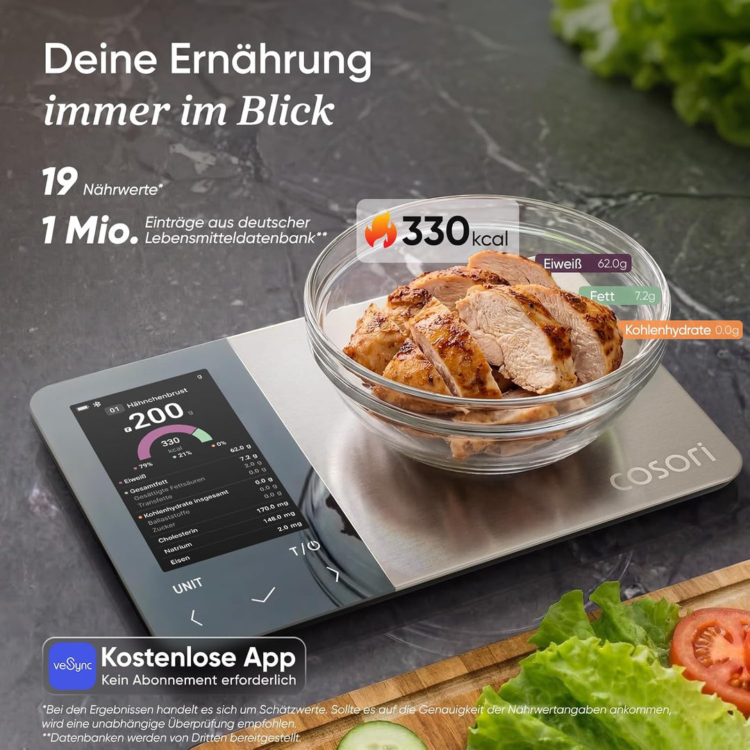 Cosori Küchenwaage digital Ernährungswaage-App,Offline-Modus,USB aufladbar Dunkelgrau, Dunkelgrau