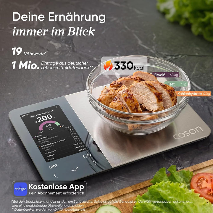 Cosori Küchenwaage digital Ernährungswaage-App,Offline-Modus,USB aufladbar Dunkelgrau, Dunkelgrau