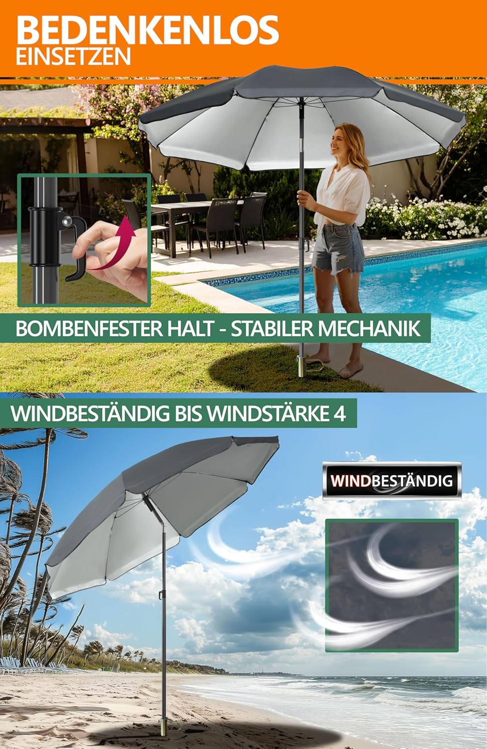 4smile SunnyJoy 3-IN-1 Set mit Sonnenschirm Strand in Anthrazit - Strandschirm windfest stabil 180 c