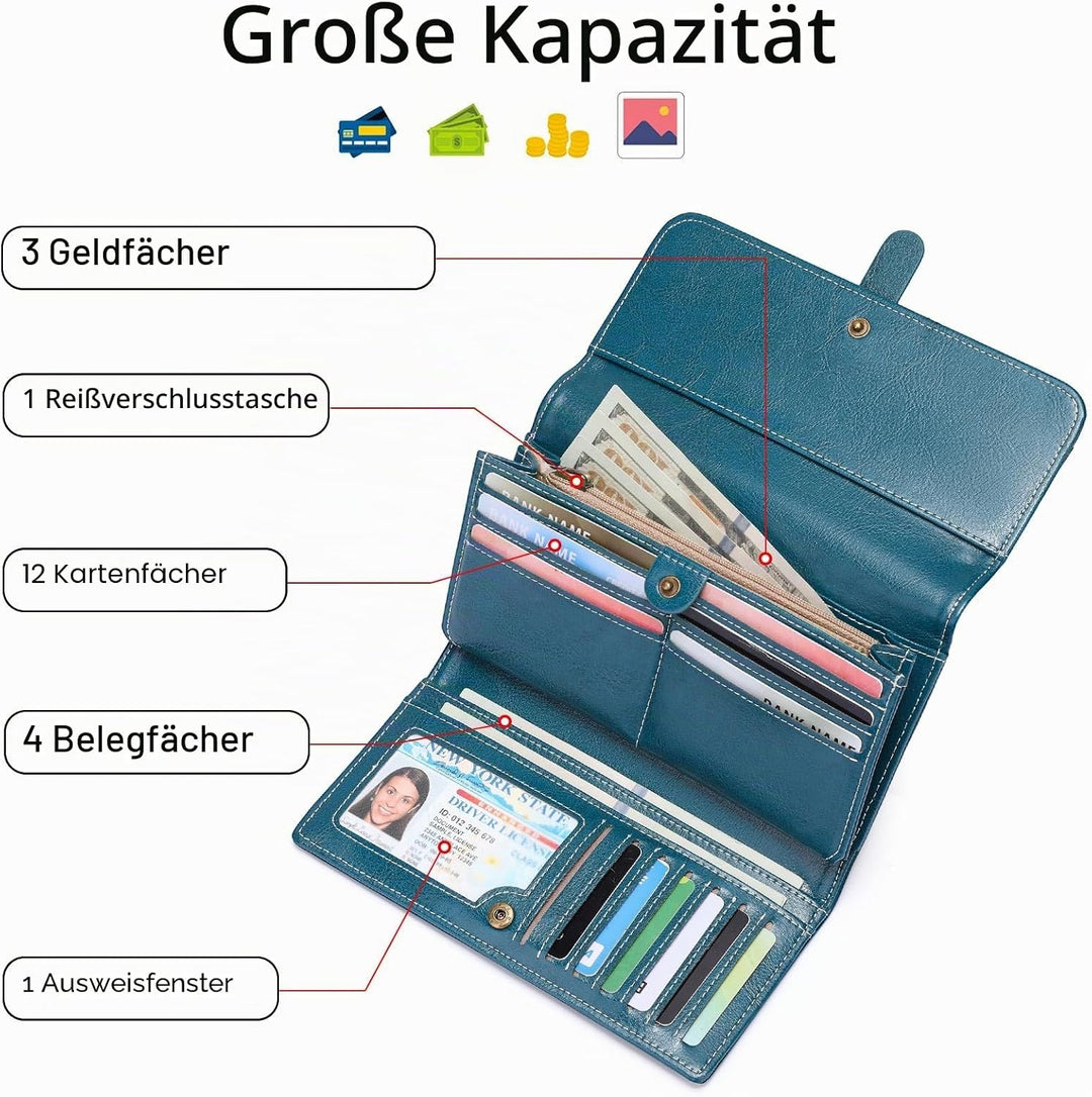 SENDEFN Portemonnaie Damen Gross, RFID-Blockade Damen Geldbörse, Grosse Leder Geldbörse für Damen mi