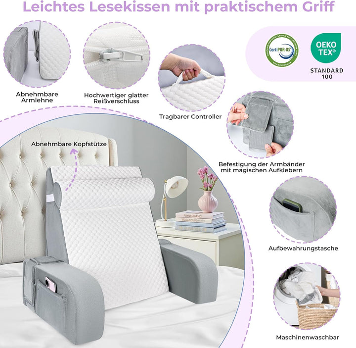 Babenest Gross Lesekissen Bett mit Abnehmbarer Nackenrolle &amp; Armlehne, Ergonomisches Rückenkissen Ko