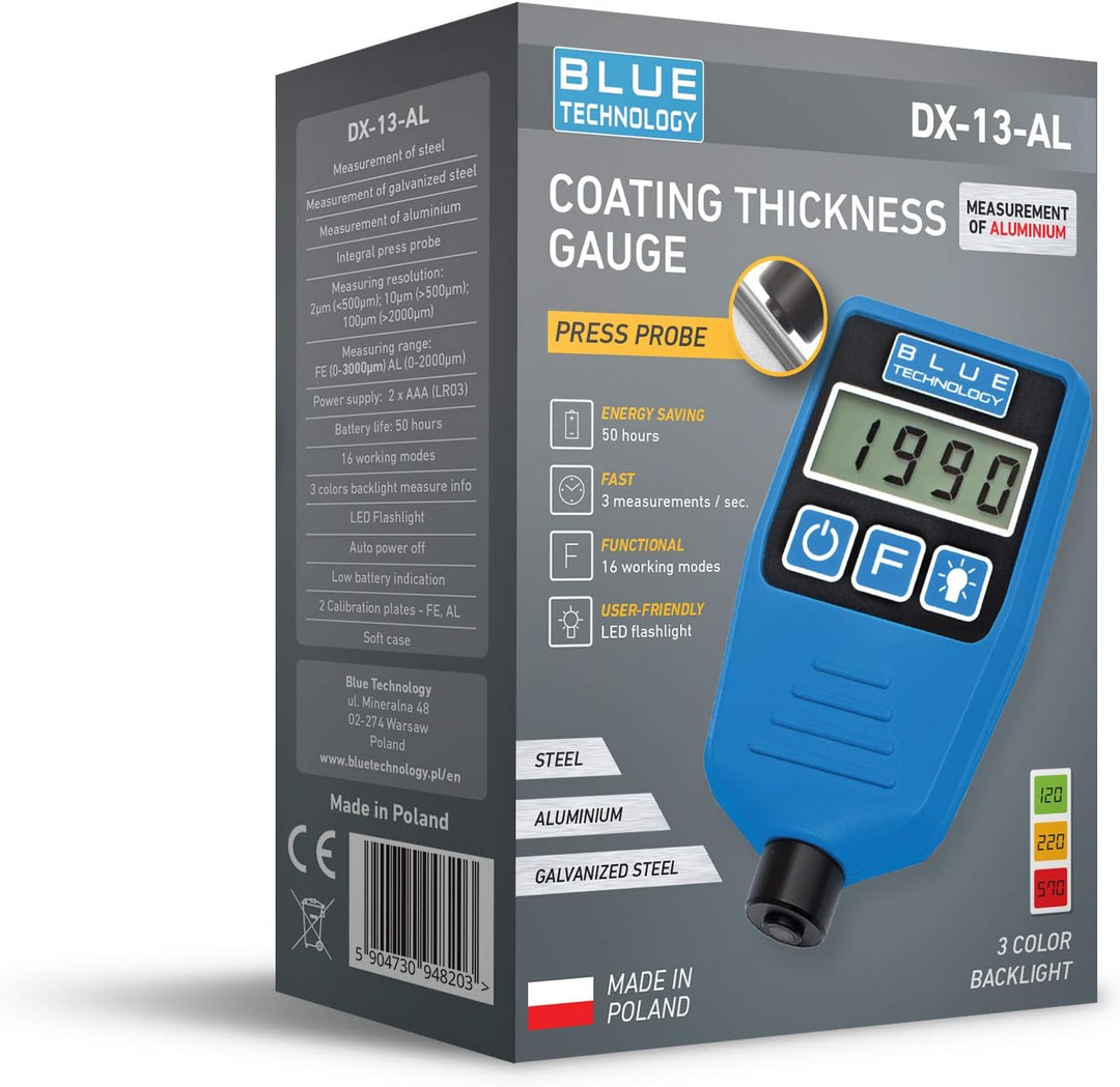 Blue Technology DX-13-AL Schichtdickenmessgerät Lackdickenmessgerät | Stahl & Aluminium | Coating th