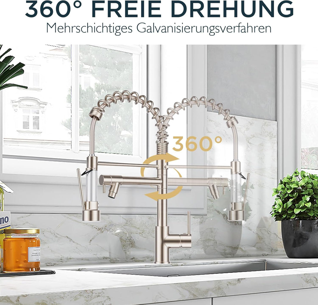 FORIOUS Wasserhahn Küche Schwarz,Edelstahl-Küchenarmatur, Spülarmaturen Küche, Zweigriff-Mischbatter