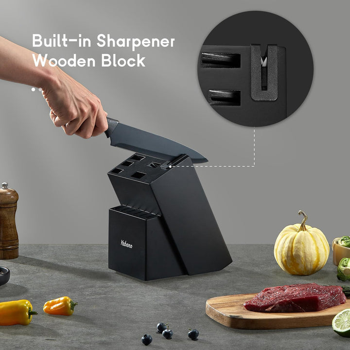 Messerblock Set,Yabano 14-teilig Küchenmesserset mit Integriertem Messerschärfer, Scharfes Schwarzes