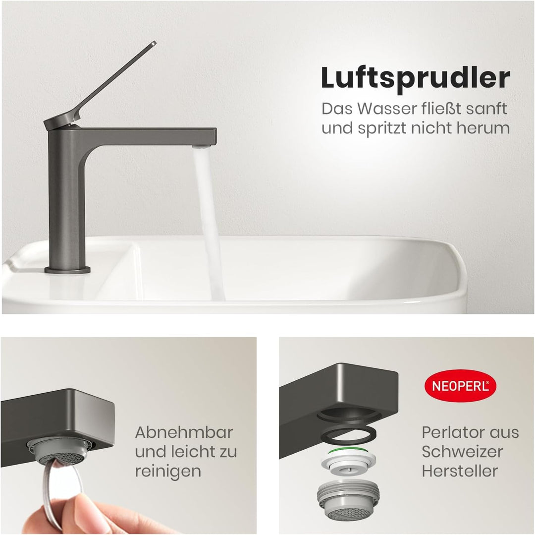 EMKE Wasserhahn Bad Anthrazit Matt, 195 x 173 x 46 mm, Messing, Keramikkartusche, Badarmatur, Mischb