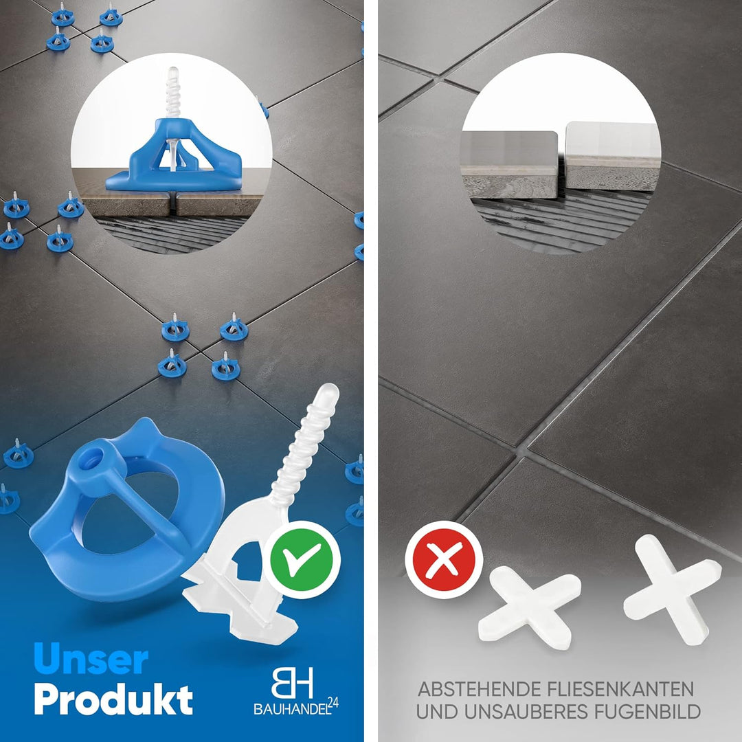 Bauhandel24 - Fliesenverlegehilfe 1mm, 1000 Gewindelaschen, Nivelliersystem, Verlegehilfe, Zuglasche