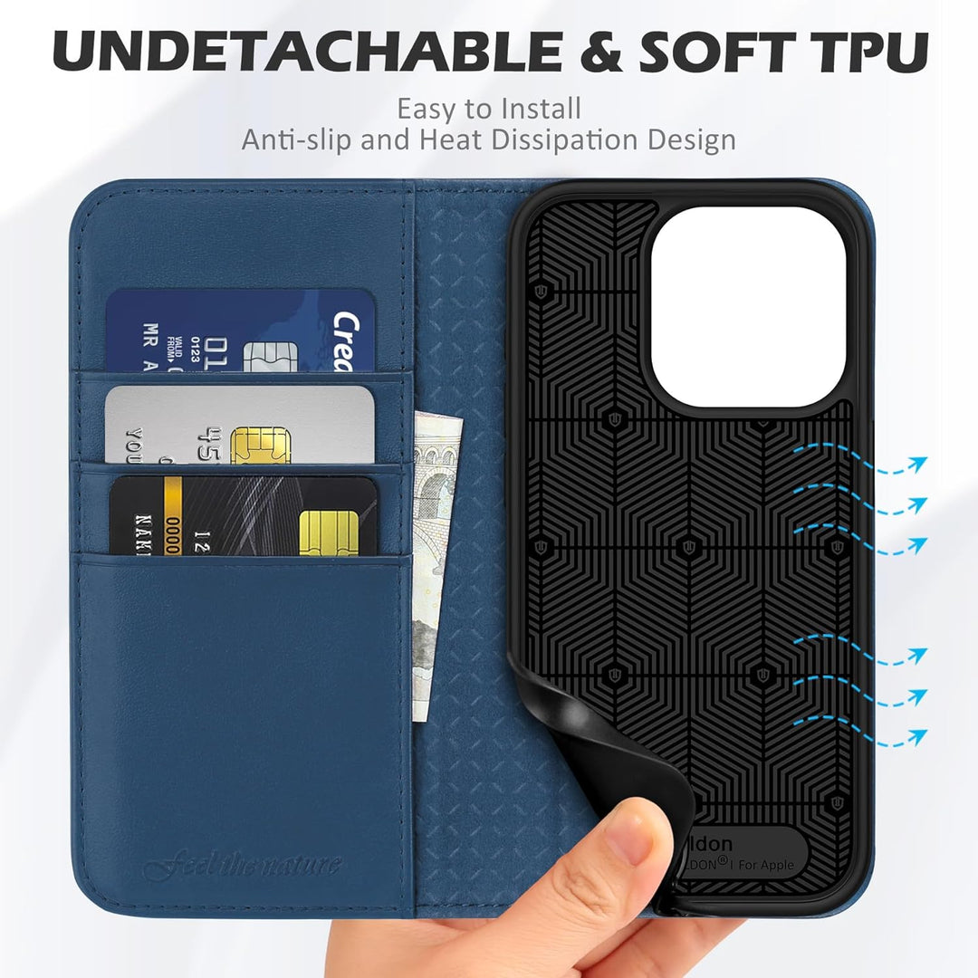 SHIELDON Hülle für iPhone 15 Pro, Schutzhülle [Rindsleder] [Stossfest] [Standfunktion] [Kartenfach]