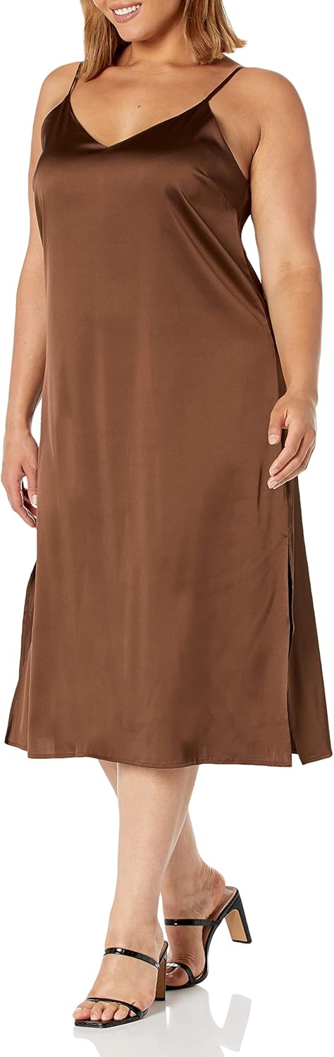 The Drop Damen Ana Silky Midi-Slip-Kleid mit V-Ausschnitt L Espresso, L Espresso