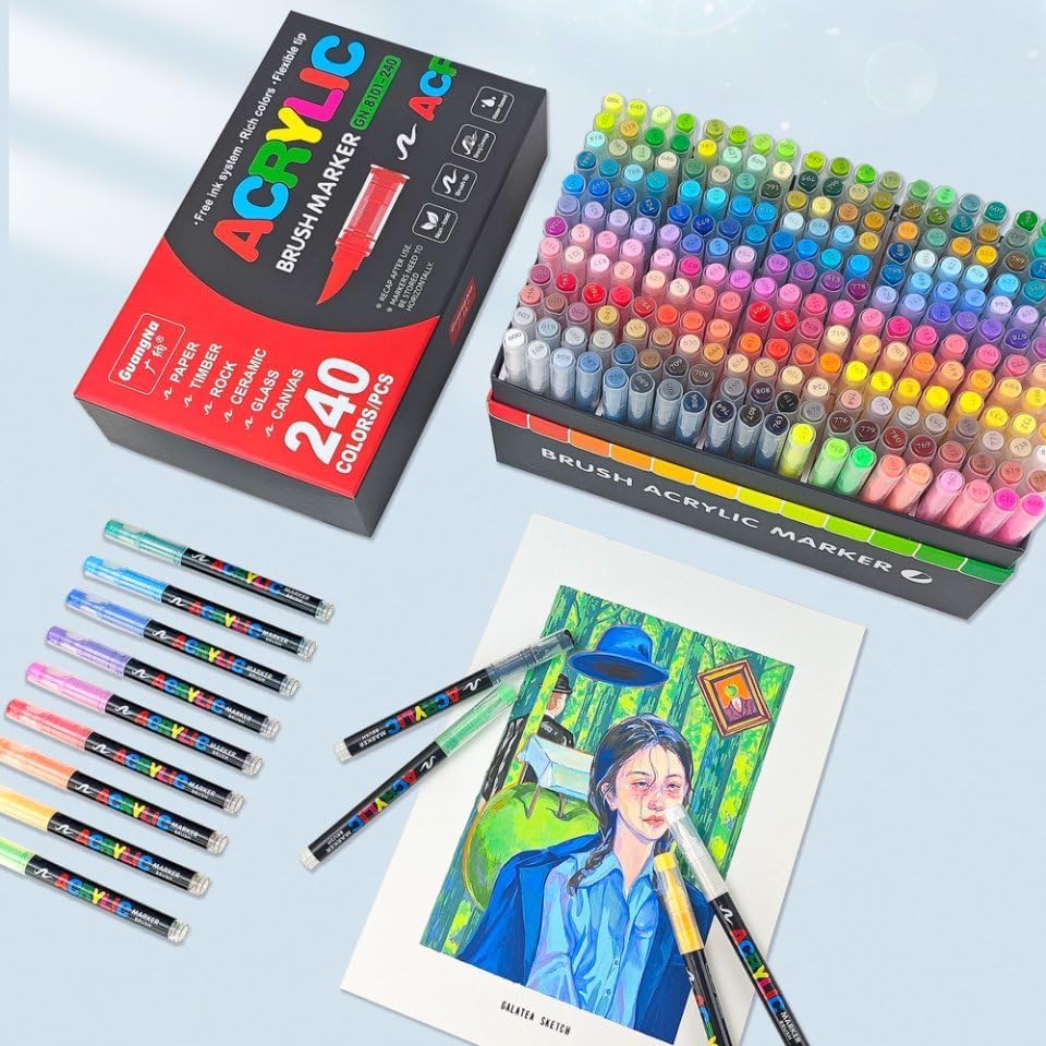 Guangna 240 Farben Acrylstifte Marker Set für Stoff, Leinwand, Glas, Holz und Papier, 240