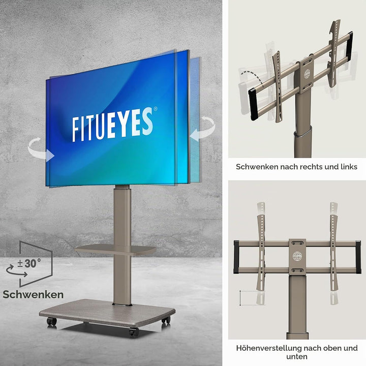 FITUEYES TV Bodenständer Rollbar mit Holzablage TV Standfuss TV Ständer Fernsehstand mit Rollen höhe