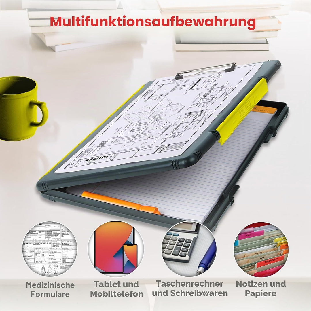 Dexas XL Slimcase 2 Klemmbrett zur Aufbewahrung, legale Grösse, Kunststoff, Grau mit gelbem Clip, 15