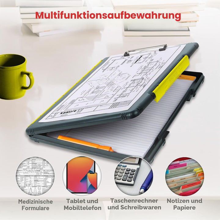 Dexas XL Slimcase 2 Klemmbrett zur Aufbewahrung, legale Grösse, Kunststoff, Grau mit gelbem Clip, 15
