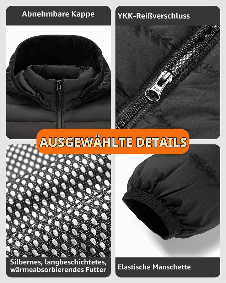 HEWINZE Beheizbare Jacke Herren mit kapuze,Warme Pufferjacke Damen mit akku 7.4V,Doppelschaltersteue