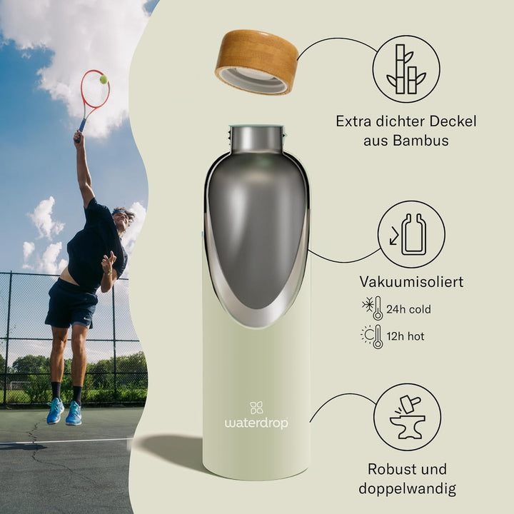 waterdrop® Edelstahl Trinkflasche 600ml - auslaufsichere Trinkflasche Kohlensäure geeignet & BPA fre