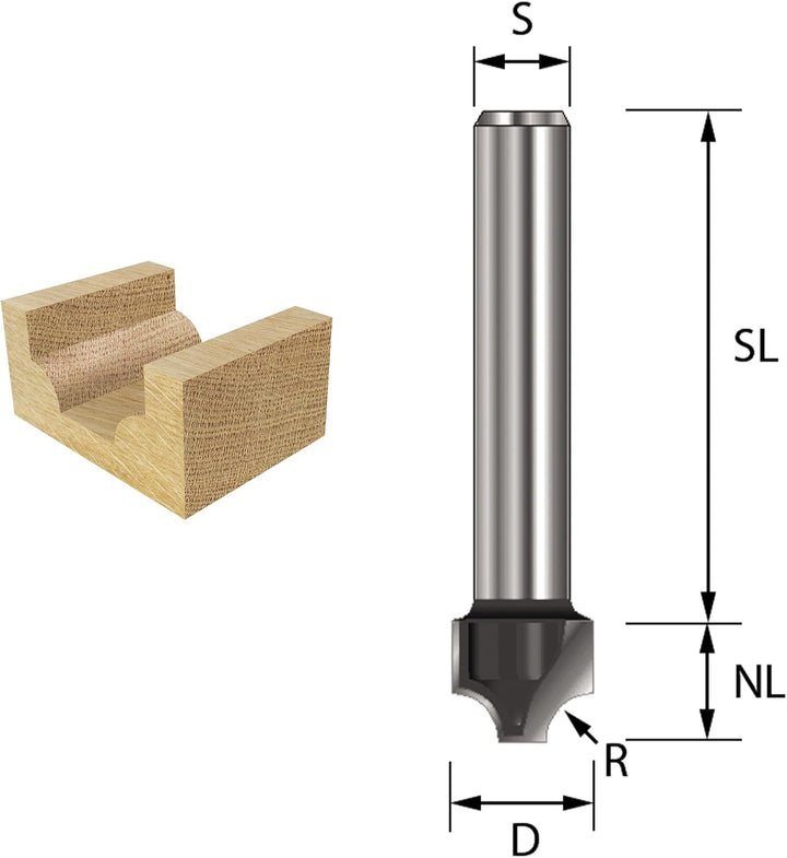 ENT 12760 Viertelstabfräser HW, Schaft (S) 8 mm, Durchmesser (D) 19 mm, NL 11 mm, R 4 mm, SL 32 mm R