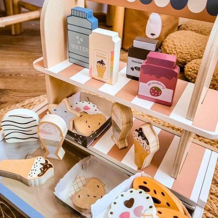 Mamabrum Holz-Konditorei für Kinder - Klappbarer Café-Laden mit Zubehör, Rollenspiel-Set für kreativ
