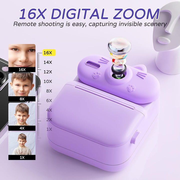 Kinder Sofortbildkamera mit Sofortdruck, 48MP Kamera (Katze-Lila) | Kinderkamera mit Druckpapier, 10
