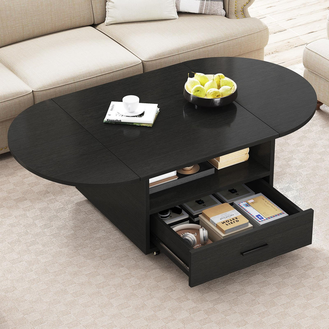 IBF Klappbarer Couchtisch mit Stauraum Holz Oval Wohnzimmer Tisch mit Schublade Modern Ausziehbarer