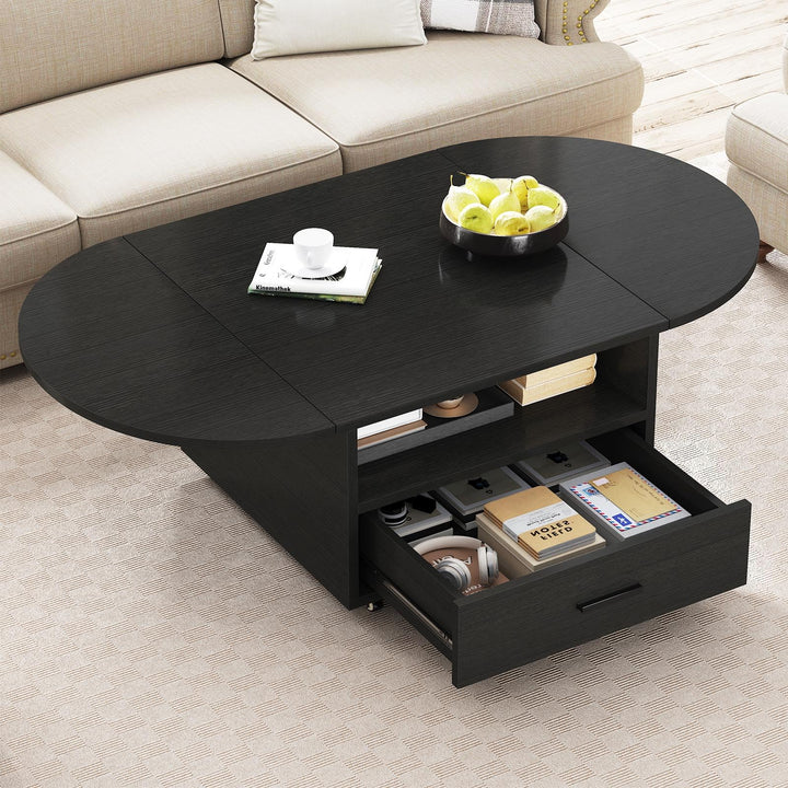 IBF Klappbarer Couchtisch mit Stauraum Holz Oval Wohnzimmer Tisch mit Schublade Modern Ausziehbarer