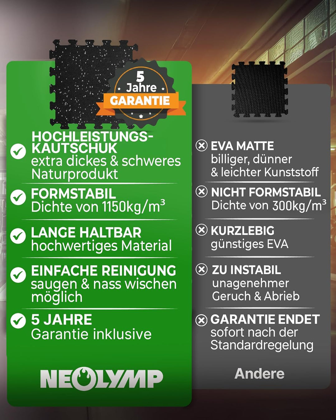 NEOLYMP Bodenschutzmatte Fitness 1 x 8 Matten, extra dicke und robuste Gummimatte Fitnessboden - Puz