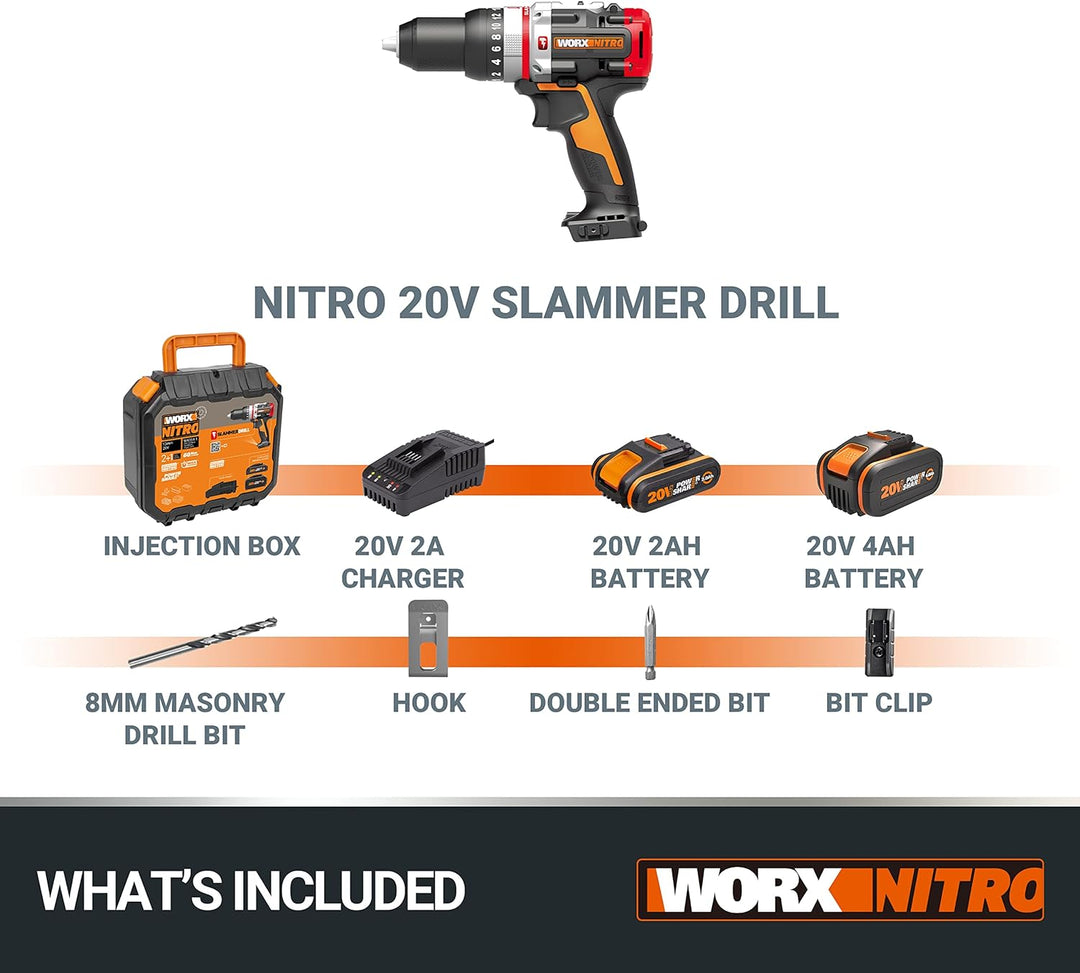 WORX NITRO 18V (20V MAX) Akku-Schlagbohrer WX354.1, PowerShare PRO, Hammerbohrer, bürstenloser Motor