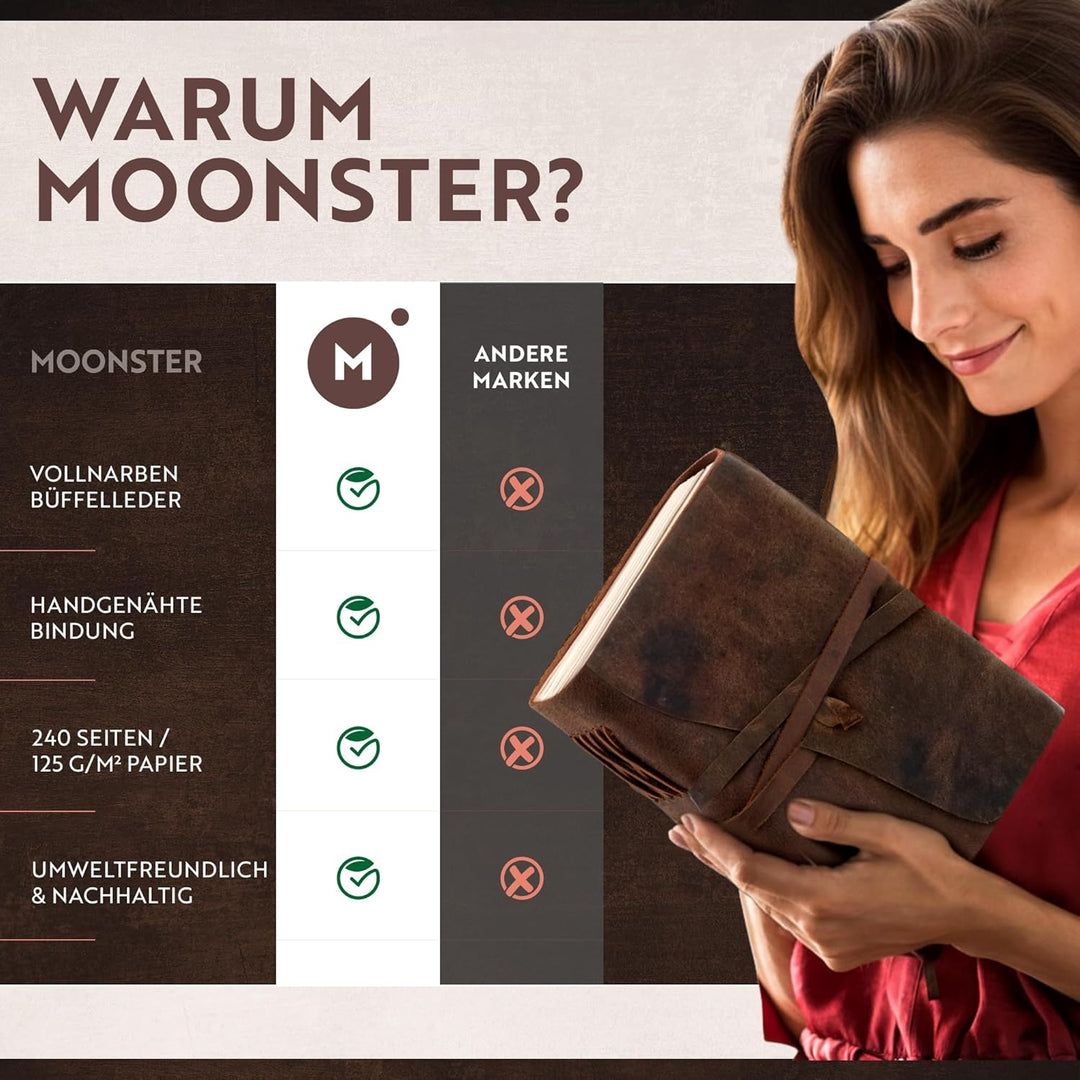 moonster Leder Notizbuch Journal - Antikes handgemachtes ledergebundenes Notizbuch für Sie und Ihn z