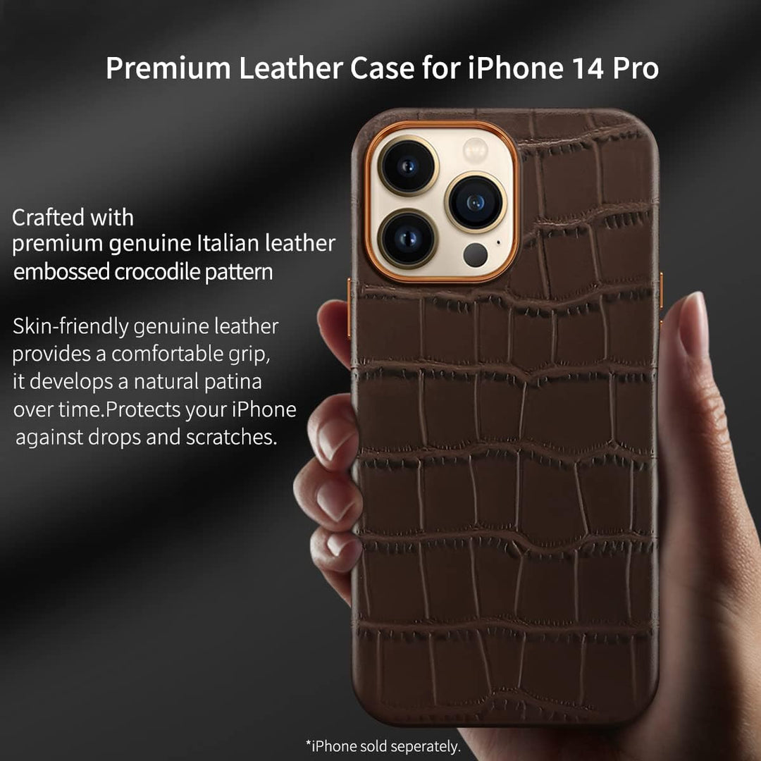 Docco Jette kompatibel mit iPhone 14 Pro Lederhülle, echtes Rindsleder hülle geprägtes Krokodilmuste