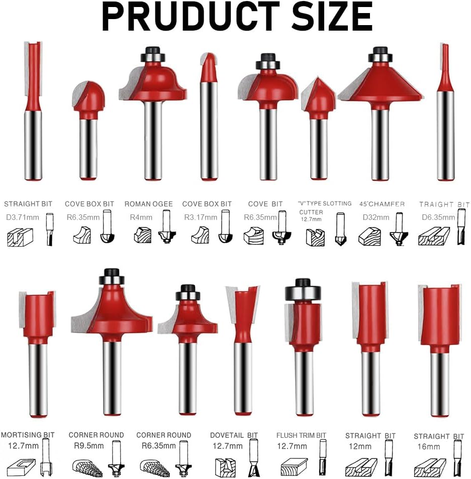 flintronic Fräser-Set, 8MM Fräsen Werkzeug Set, 15-TLG Holzkoffer Geschmiedeter Werkzeugstahl Oberfr