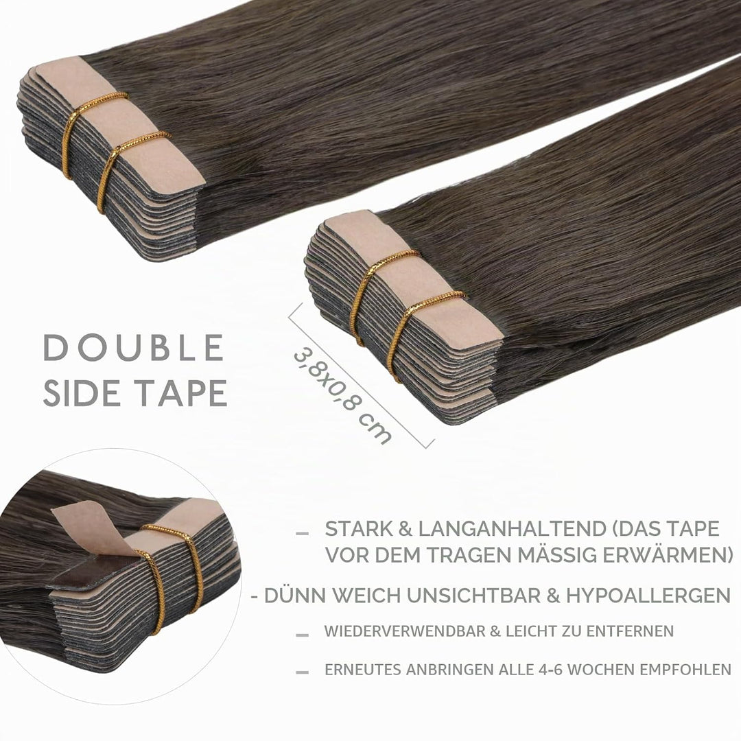 WENNALIFE Tape Extensions Echthaar, 20pcs 50g 60cm 24 Zoll Kühles Dunkelbraun Remy Invisible Tape Ex